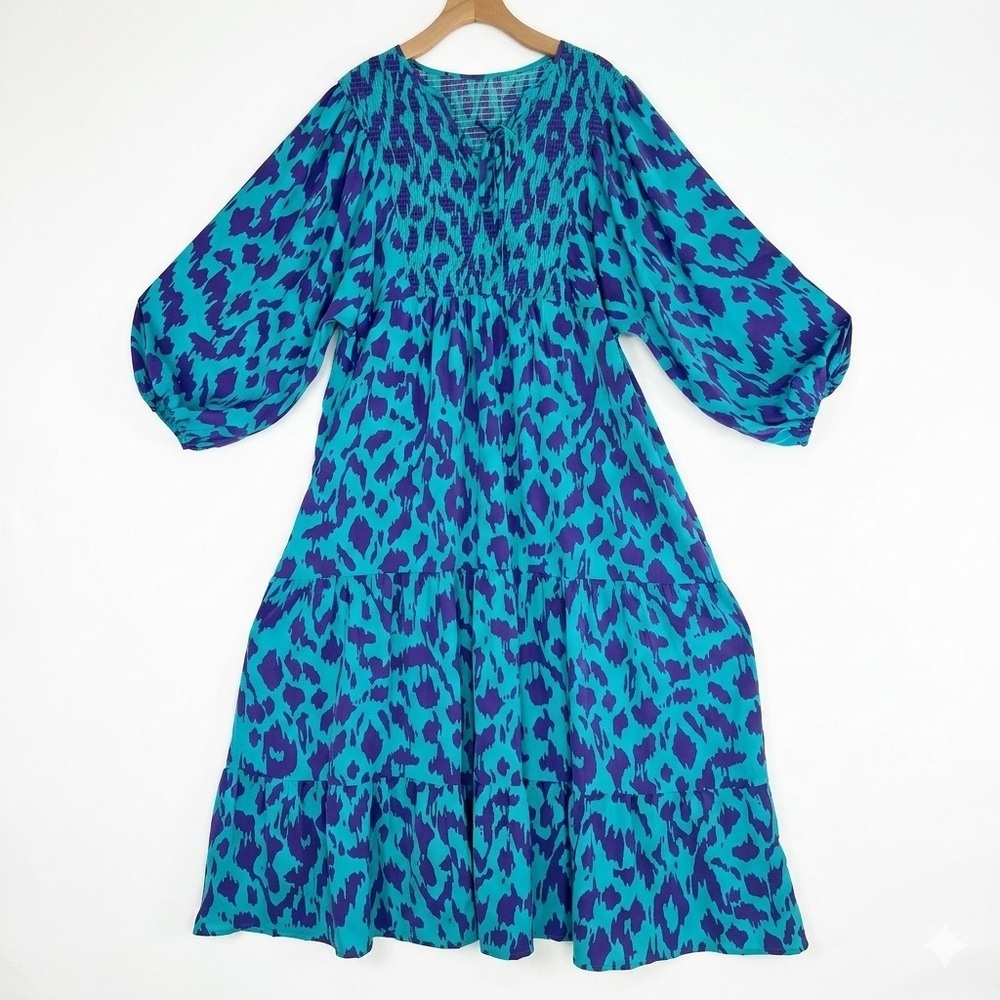 NWOT Boho Smocked Midi Dress Teal Purple Abstract Print Puff Sleeve XL Pockets